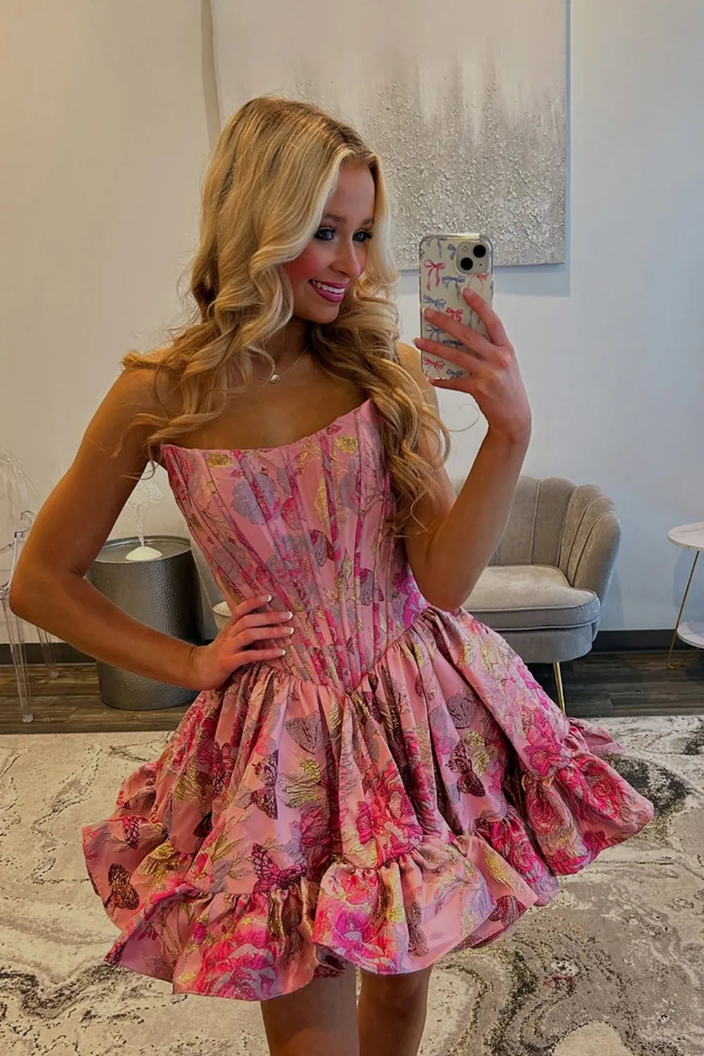Strapless Jacquard Floral Corset Homecoming Dress | Ruffle Hem A-Line Short Prom Gown