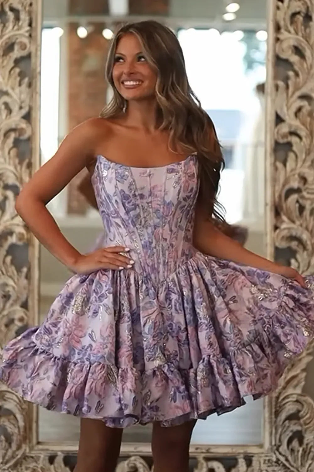 Strapless Jacquard Floral Corset Homecoming Dress | Ruffle Hem A-Line Short Prom Gown