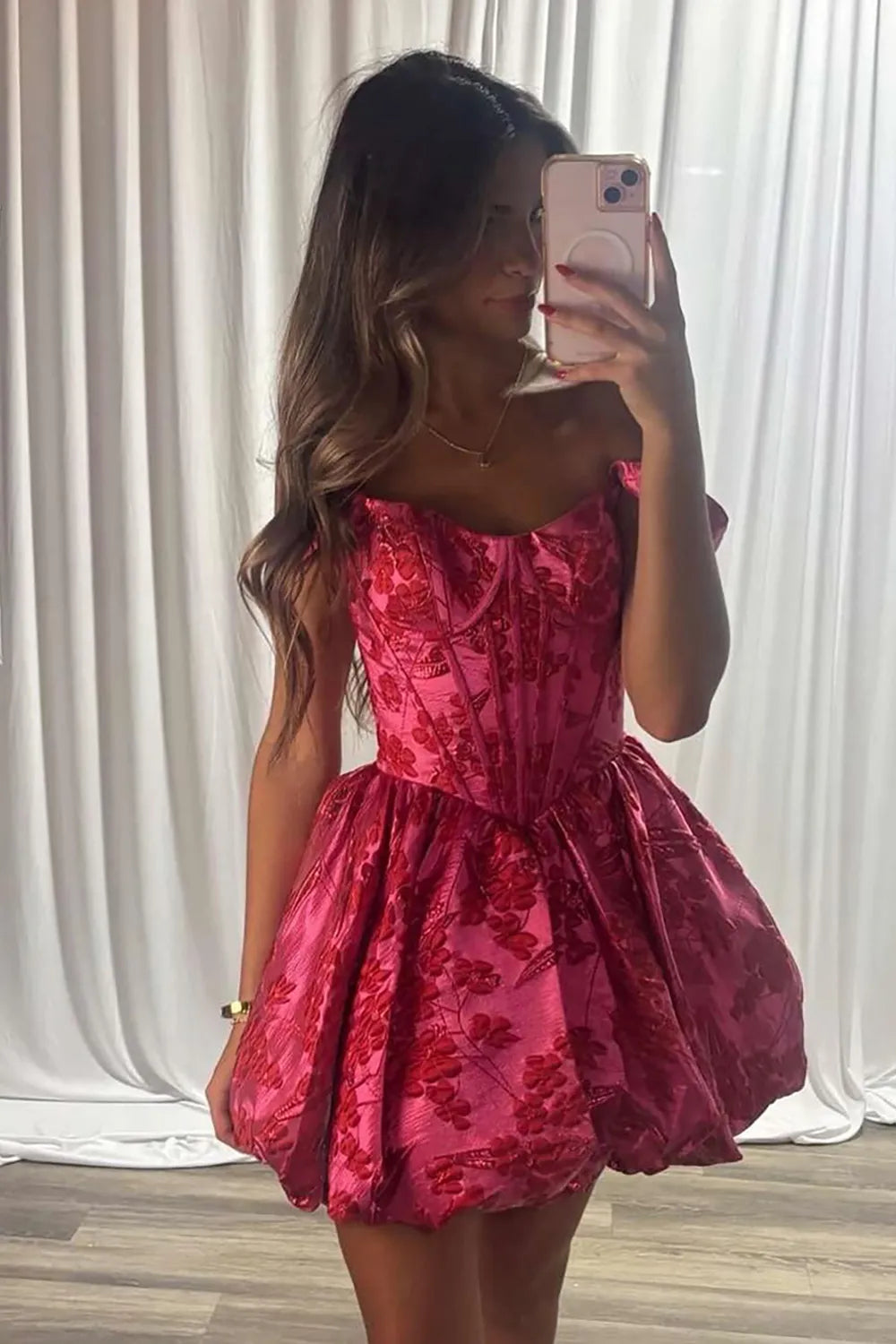 Floral Jacquard Corset Homecoming Dress | Bubble Hem Mini Party Gown
