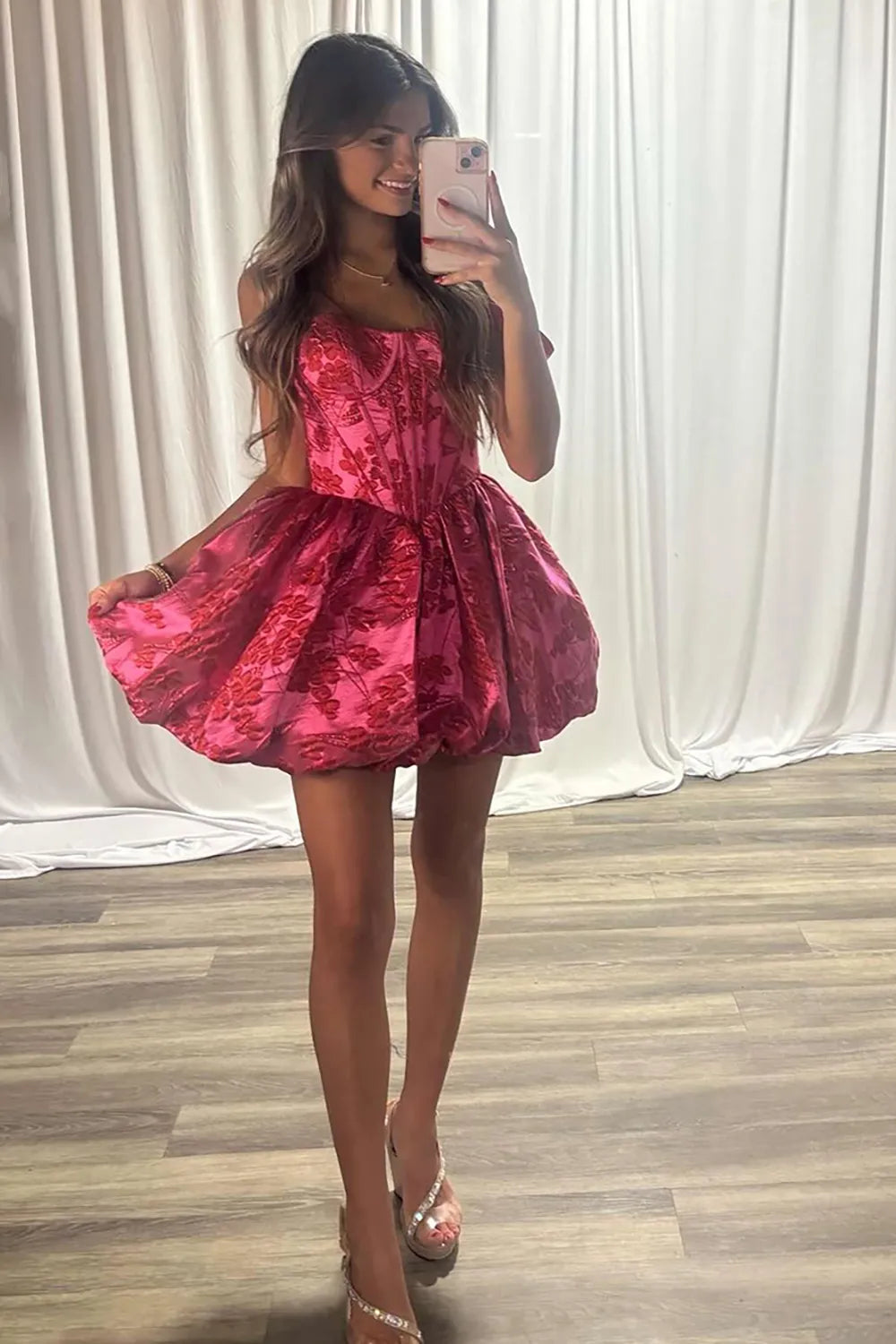 Floral Jacquard Corset Homecoming Dress | Bubble Hem Mini Party Gown