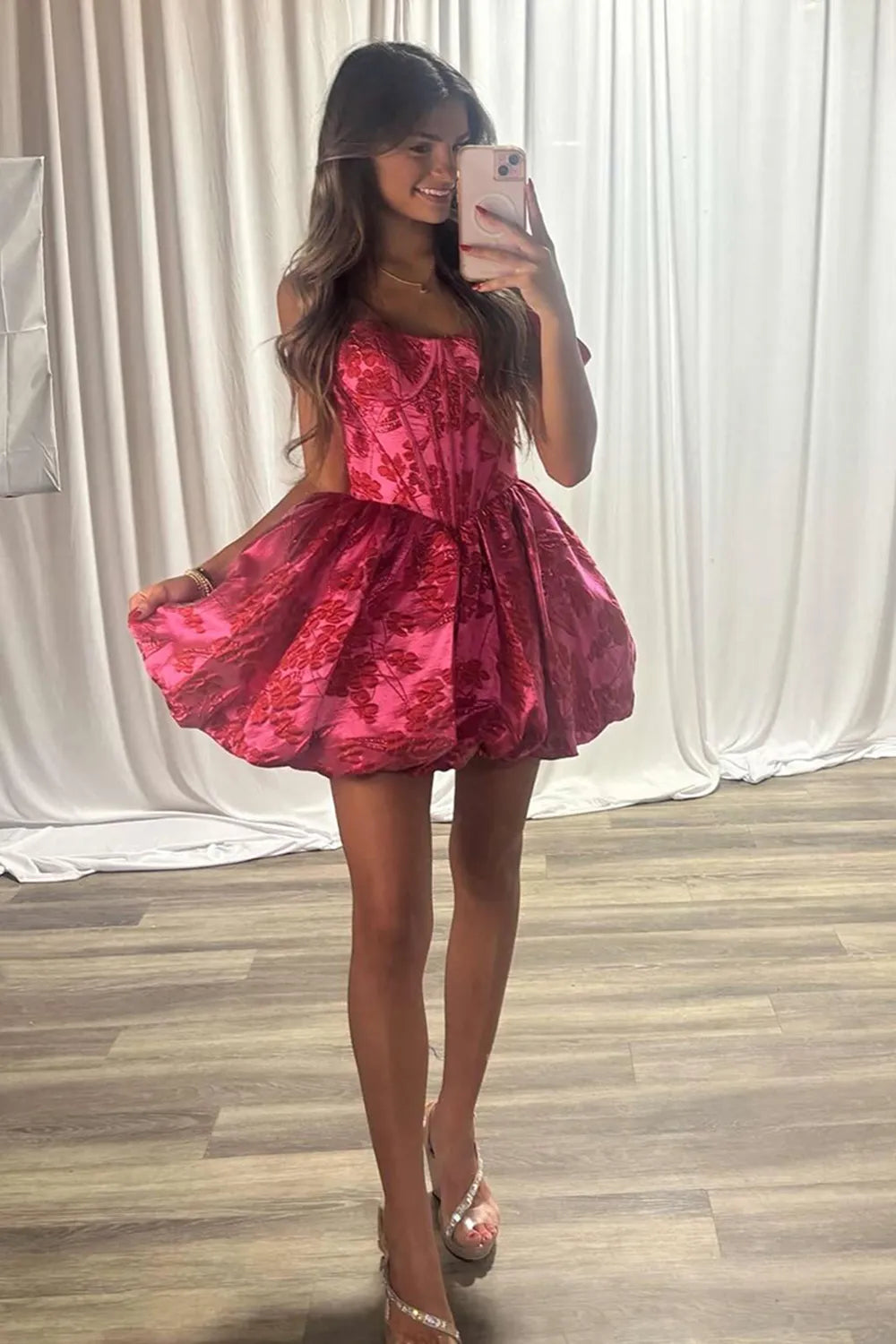Floral Jacquard Corset Homecoming Dress | Bubble Hem Mini Party Gown