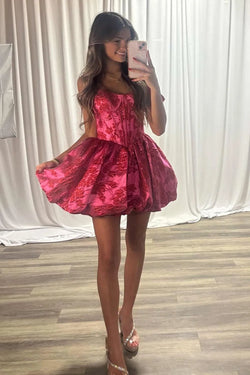 Floral Jacquard Corset Homecoming Dress | Bubble Hem Mini Party Gown