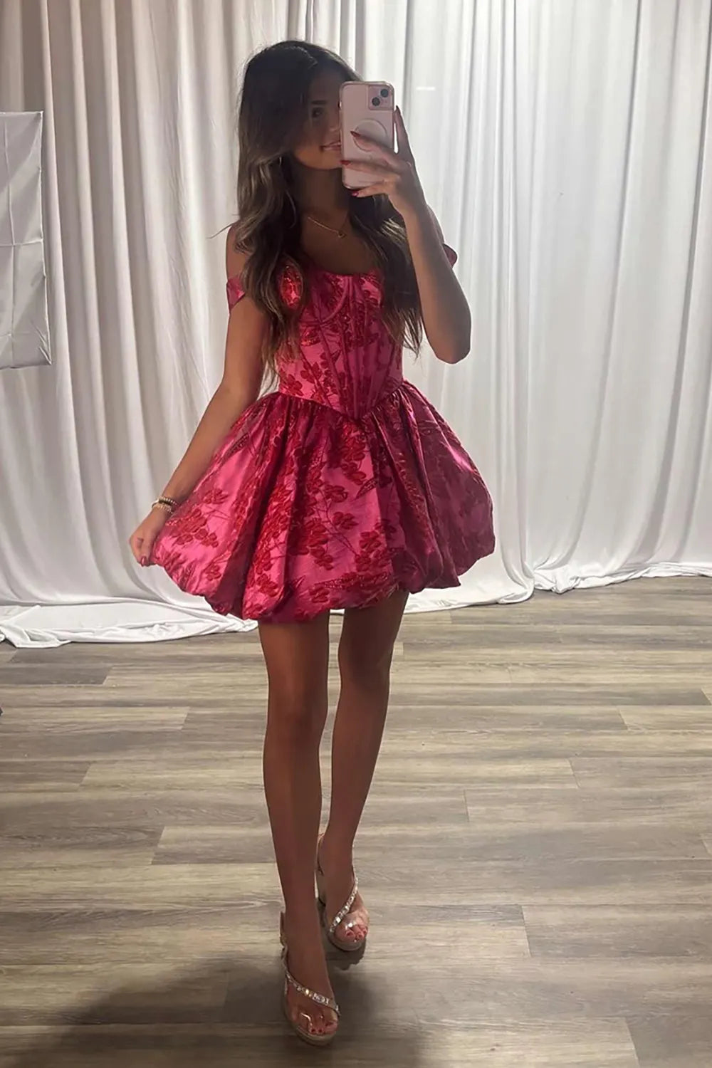 Floral Jacquard Corset Homecoming Dress | Bubble Hem Mini Party Gown
