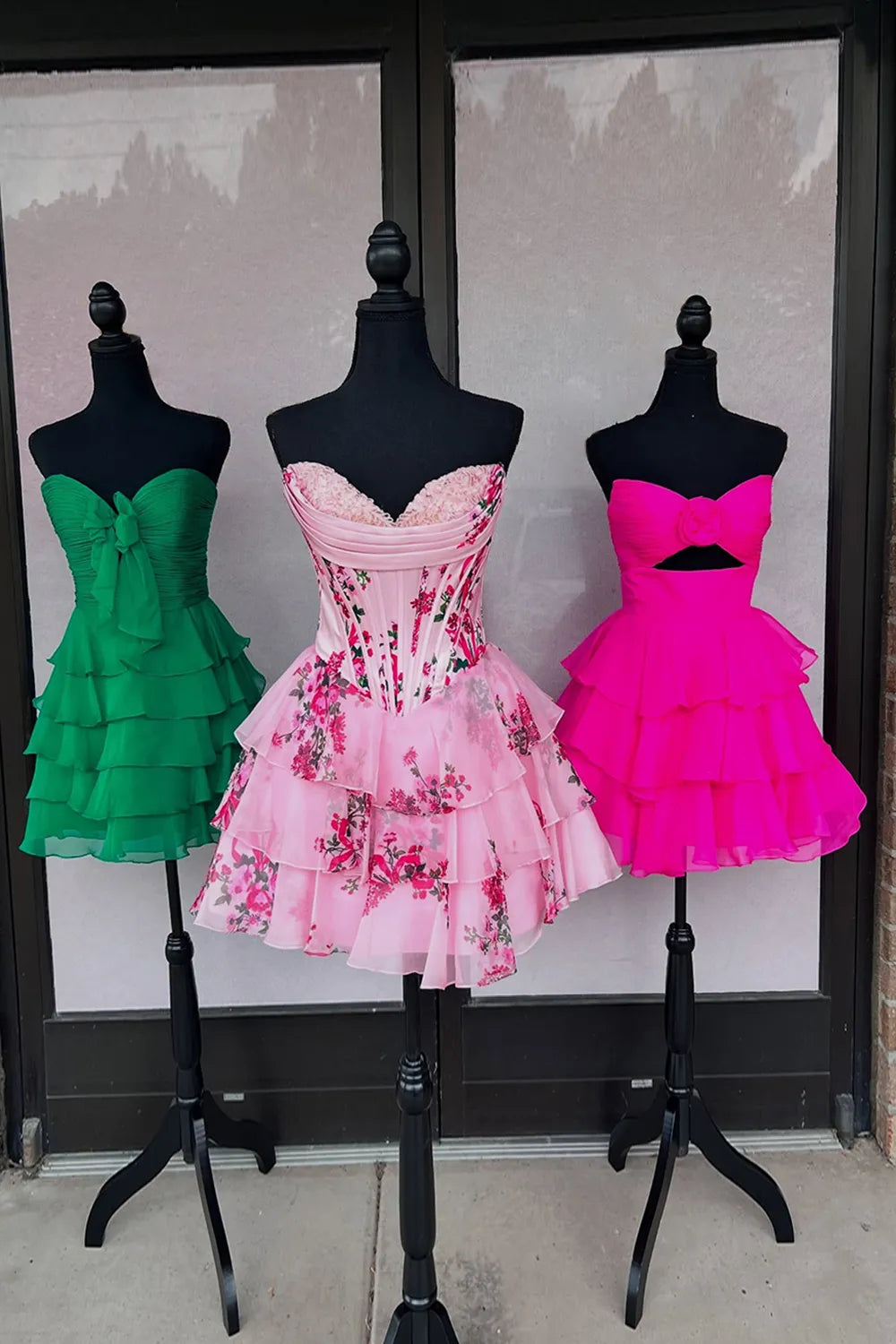 Strapless Rosette Homecoming Dress | Tiered Chiffon Mini with Cutout Party Gown