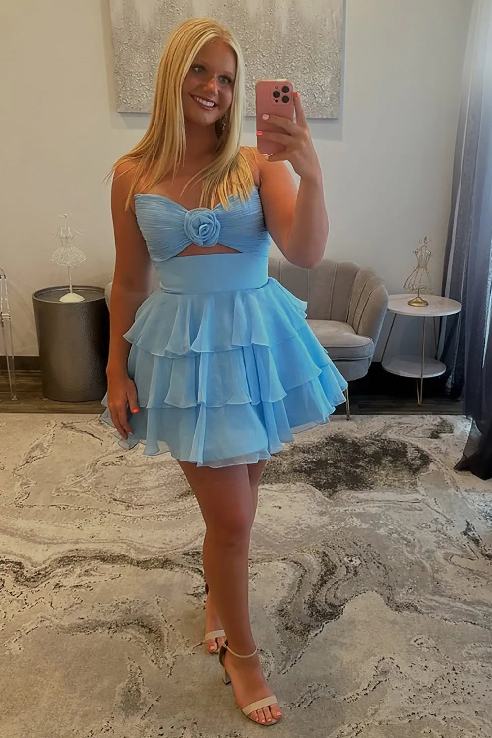Strapless Rosette Homecoming Dress | Tiered Chiffon Mini with Cutout Party Gown