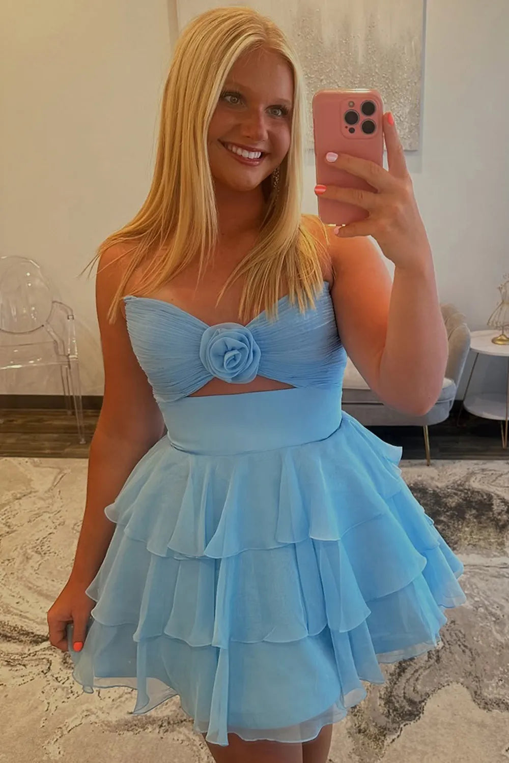 Strapless Rosette Homecoming Dress | Tiered Chiffon Mini with Cutout Party Gown