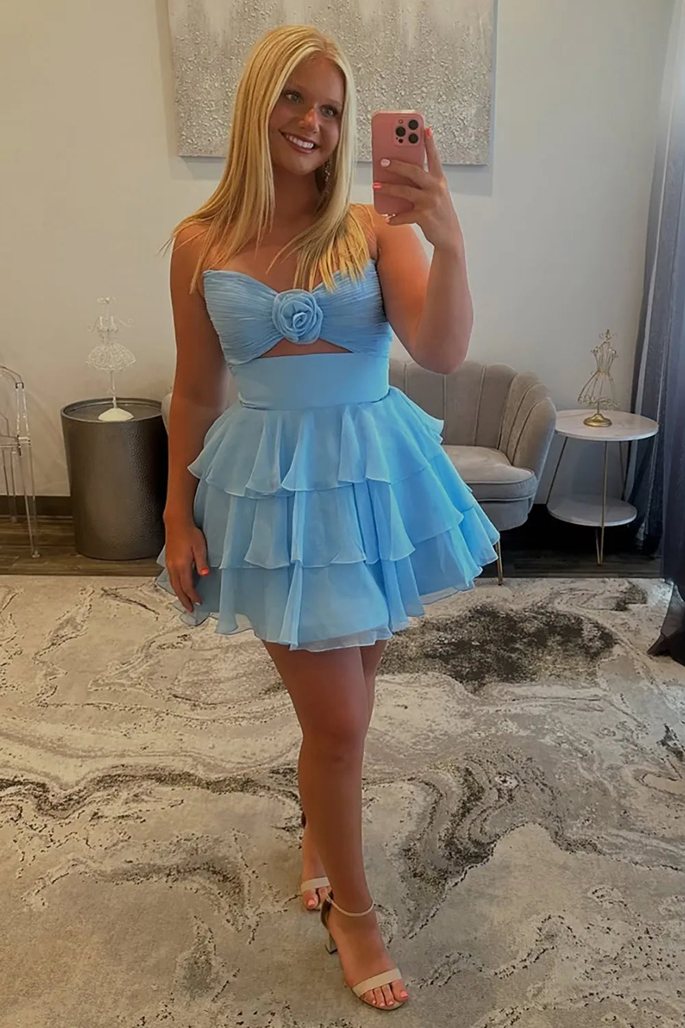 Strapless Rosette Homecoming Dress | Tiered Chiffon Mini with Cutout Party Gown