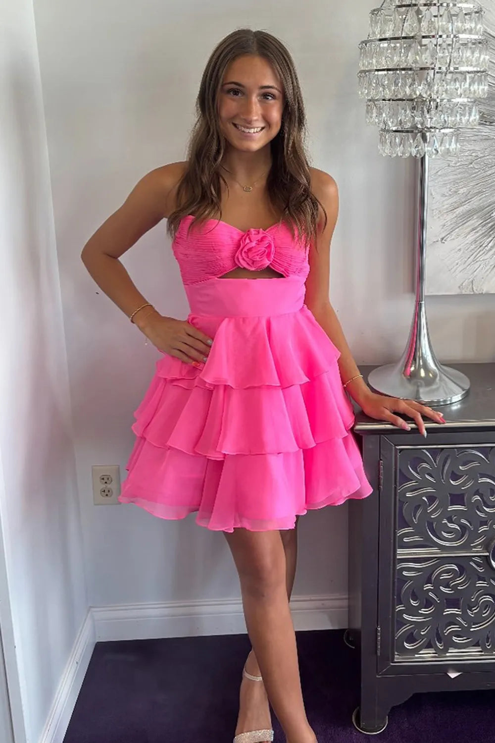 Strapless Rosette Homecoming Dress | Tiered Chiffon Mini with Cutout Party Gown