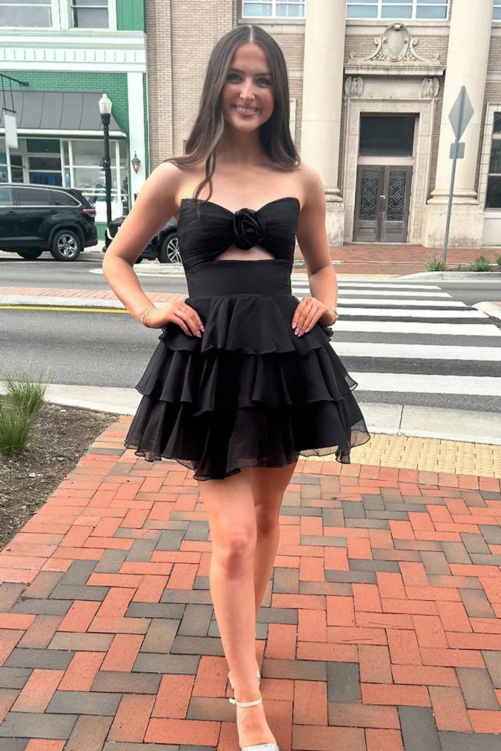 Strapless Rosette Homecoming Dress | Tiered Chiffon Mini with Cutout Party Gown