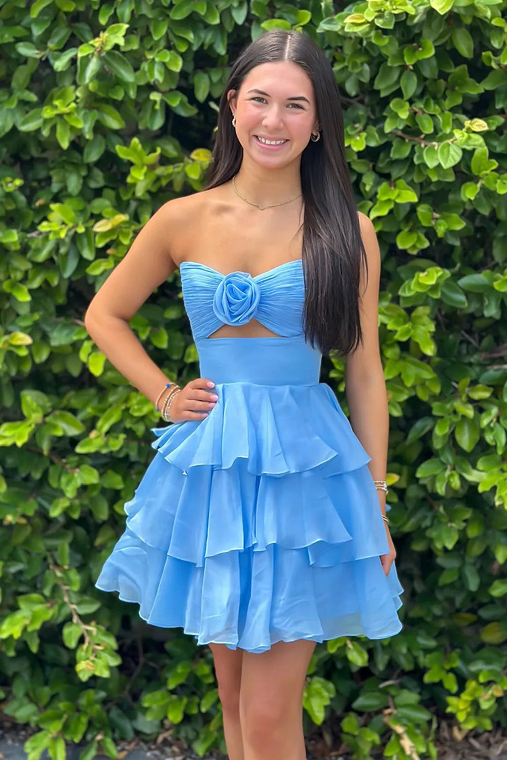 Strapless Rosette Homecoming Dress | Tiered Chiffon Mini with Cutout Party Gown