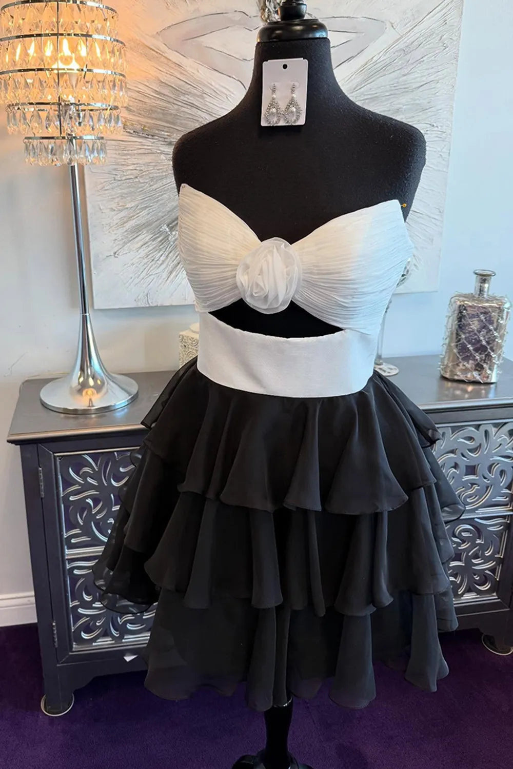 Strapless Rosette Homecoming Dress | Tiered Chiffon Mini with Cutout Party Gown