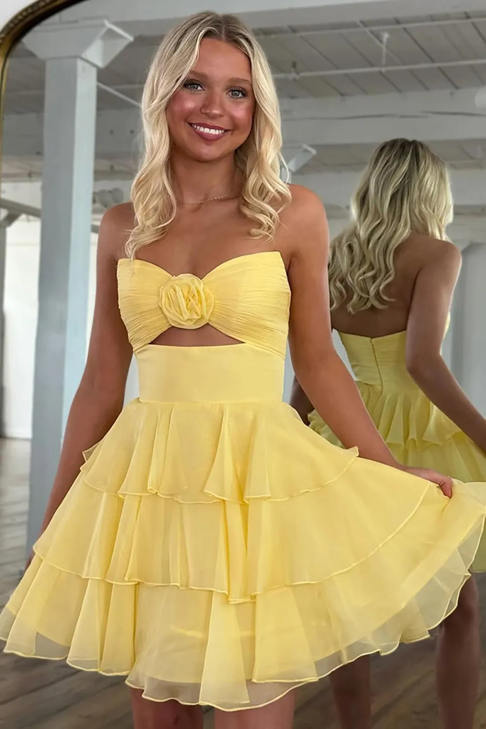 Strapless Rosette Homecoming Dress | Tiered Chiffon Mini with Cutout Party Gown