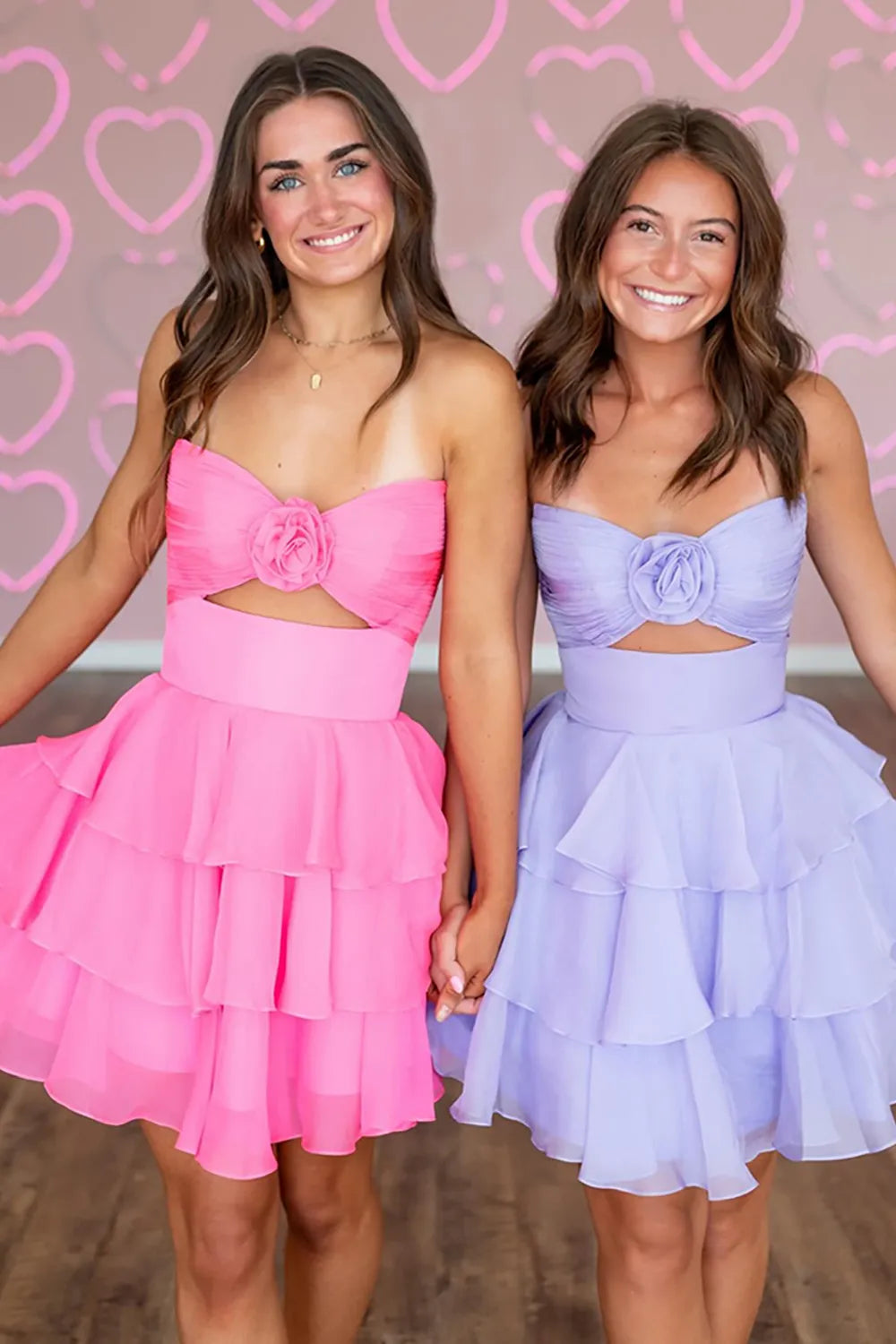 Strapless Rosette Homecoming Dress | Tiered Chiffon Mini with Cutout Party Gown
