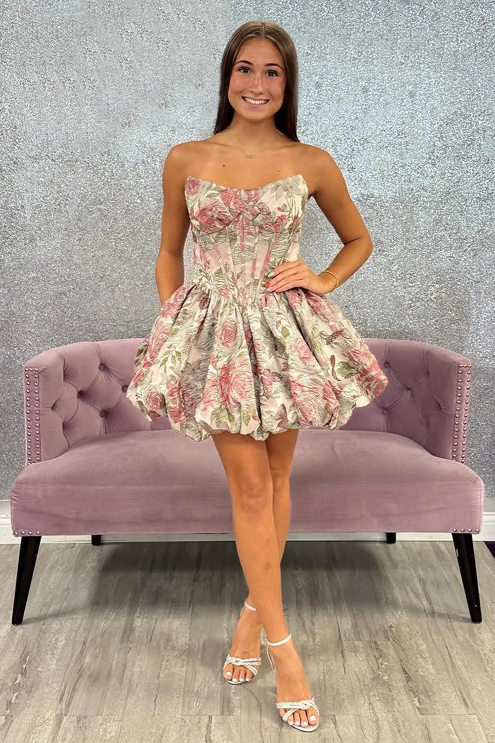 Strapless Floral Jacquard Corset Homecoming Dress | Bubble Hem Mini Party Gown