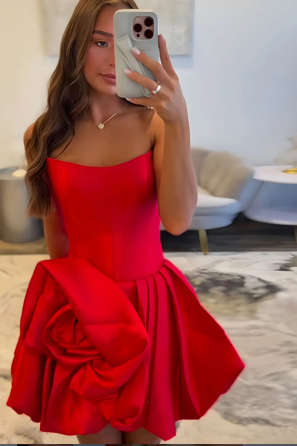 Strapless 3D Rose Homecoming Dress | Structured Satin Corset Bubble Skirt Party Gown