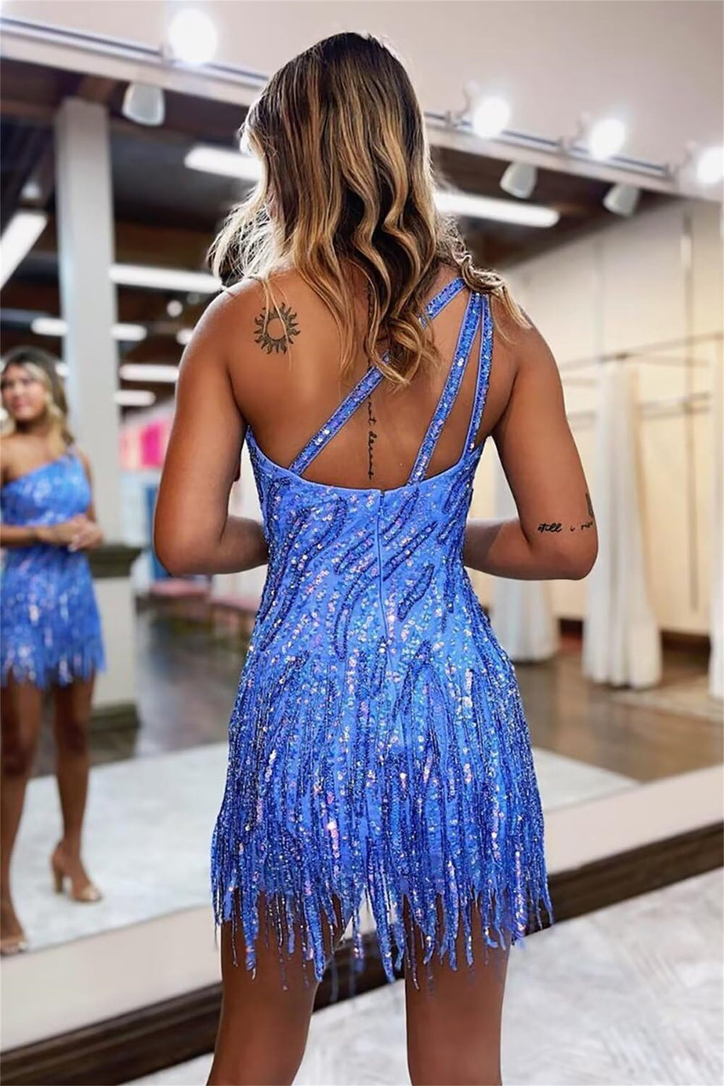One-Shoulder Sequin Fringe Homecoming Dress | Sparkly Bodycon Short Prom Gown