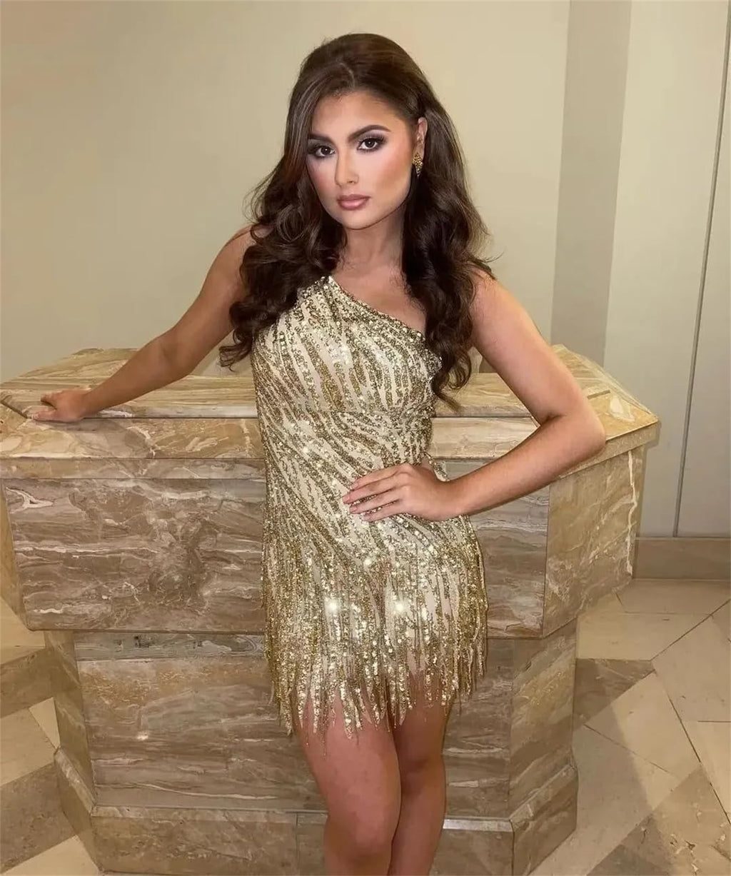 One-Shoulder Sequin Fringe Homecoming Dress | Sparkly Bodycon Short Prom Gown