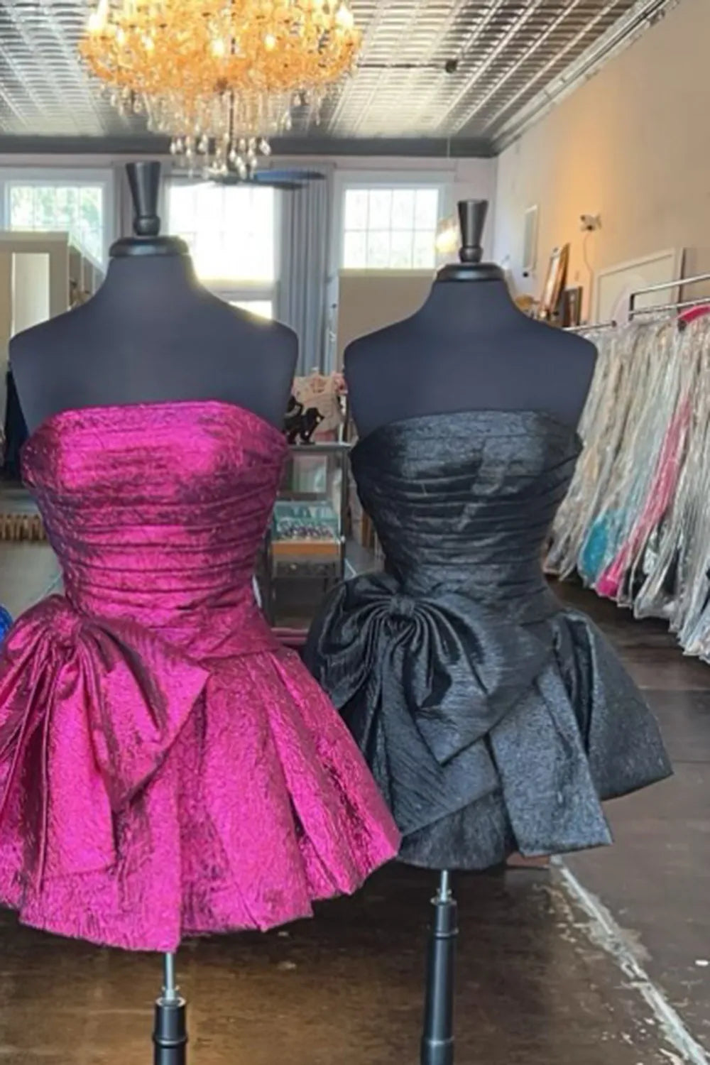 Strapless Metallic Homecoming Dress | Ruched Bodice Bow Waist Puff Mini Party Gown