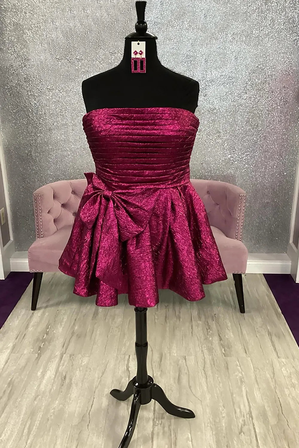 Strapless Metallic Homecoming Dress | Ruched Bodice Bow Waist Puff Mini Party Gown