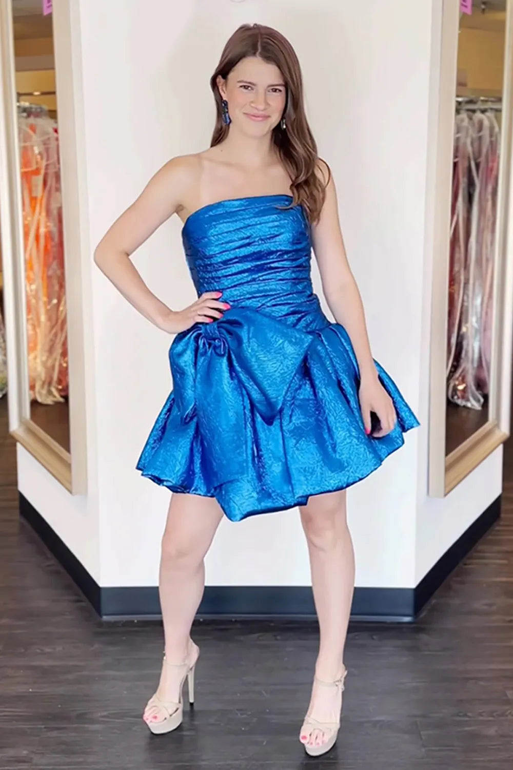 Strapless Metallic Homecoming Dress | Ruched Bodice Bow Waist Puff Mini Party Gown