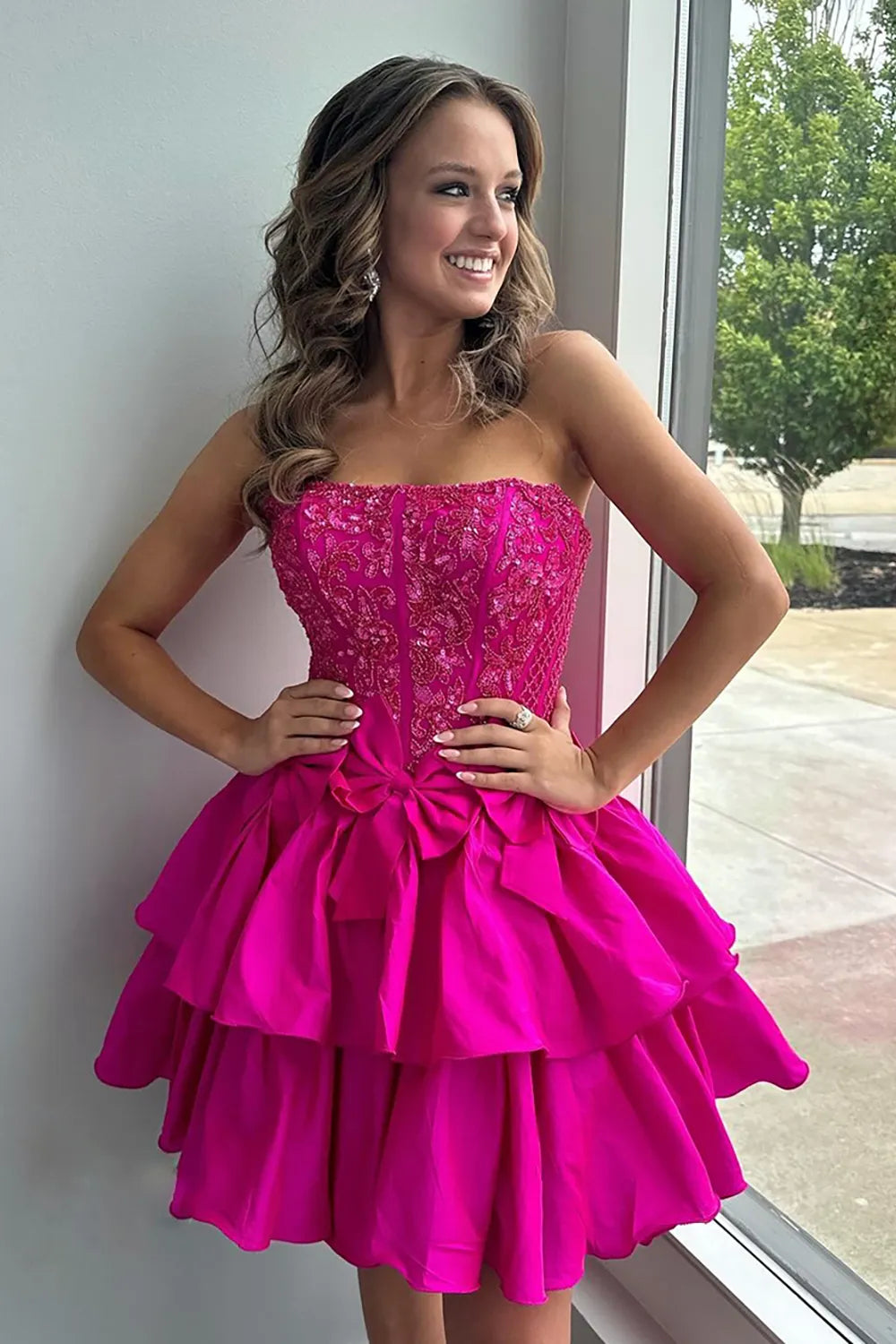 Strapless Sequin Corset Homecoming Dress | Tiered Ruffle Skirt with Bow Party Gown
