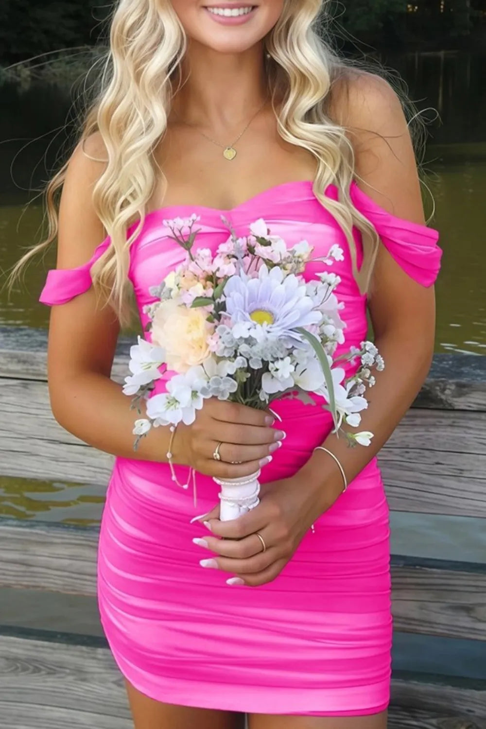 Off-the-Shoulder Ruched Mesh Homecoming Dress | Sweetheart Neckline Bodycon Short Prom Gown
