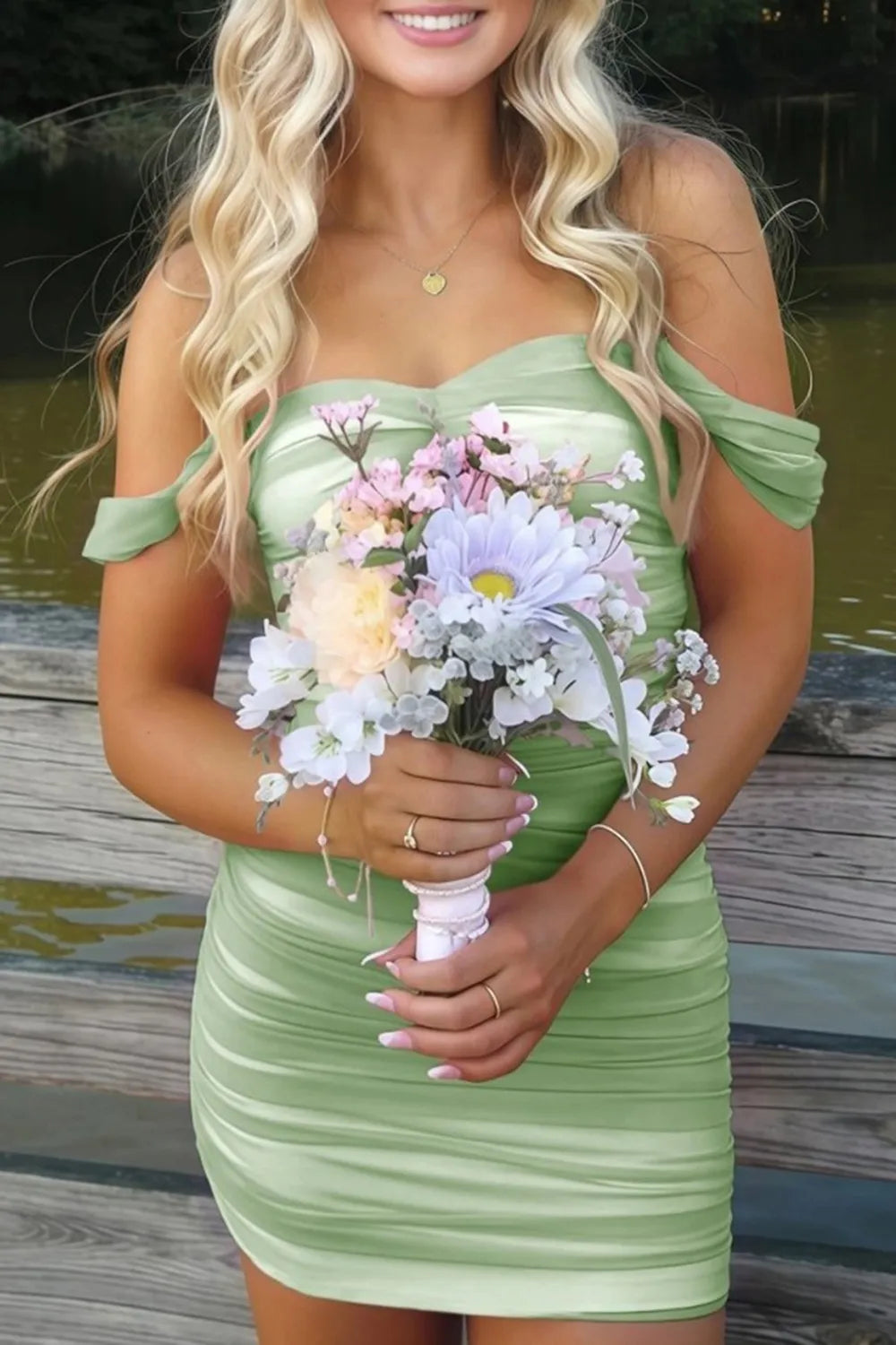 Off-the-Shoulder Ruched Mesh Homecoming Dress | Sweetheart Neckline Bodycon Short Prom Gown