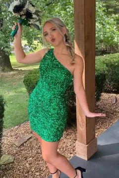 One-Shoulder Sequin Homecoming Dress | Bodycon Mini with Cutout Back