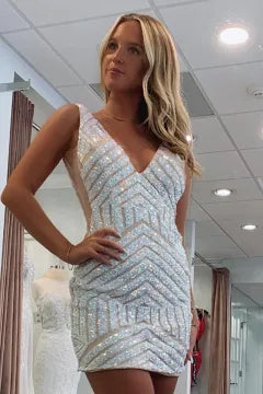 V Neck Chevron Sequin Homecoming Dress | Deep Open Back Bodycon Mini Dress