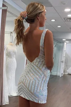 V Neck Chevron Sequin Homecoming Dress | Deep Open Back Bodycon Mini Dress