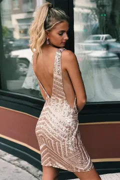 V Neck Chevron Sequin Homecoming Dress | Deep Open Back Bodycon Mini Dress