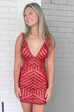 V Neck Chevron Sequin Homecoming Dress | Deep Open Back Bodycon Mini Dress