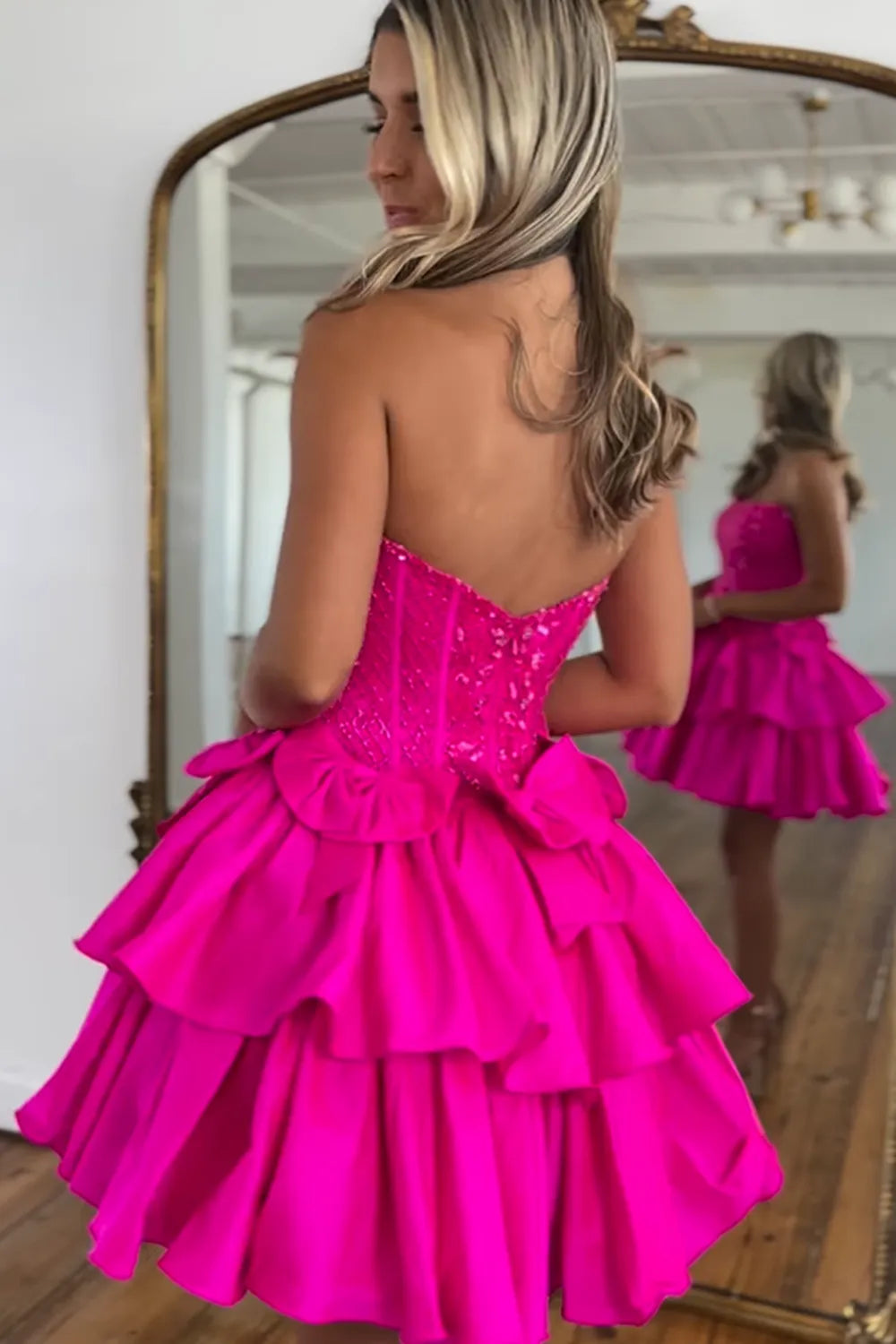 Strapless Sequin Corset Homecoming Dress | Tiered Ruffle Skirt with Bow Short Prom Gown