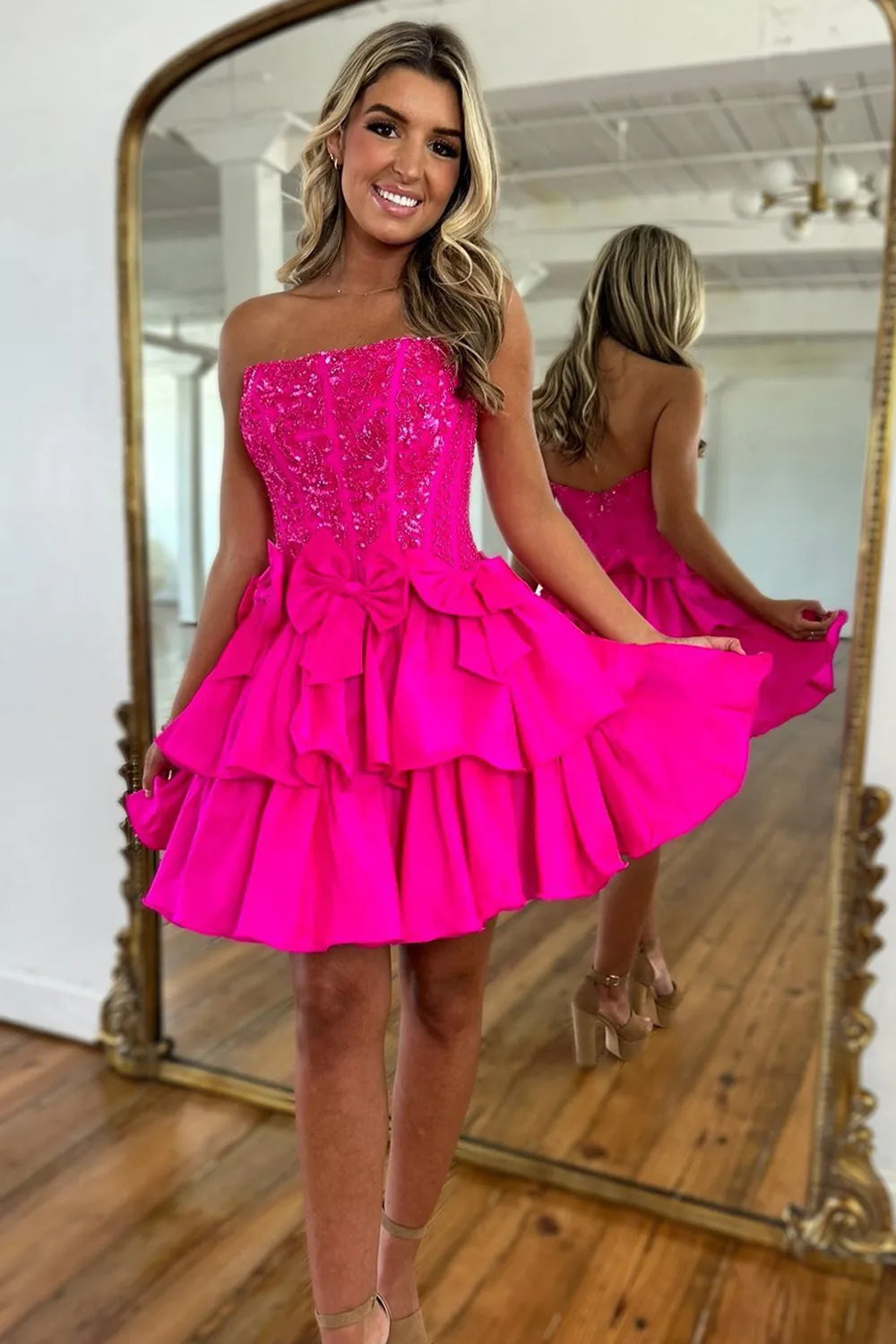 Strapless Sequin Corset Homecoming Dress | Tiered Ruffle Skirt with Bow Short Prom Gown