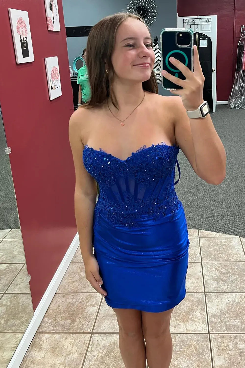 Strapless Lace & Satin Homecoming Dress | Corset Bodice with Floral Appliqué Mini Party Gown