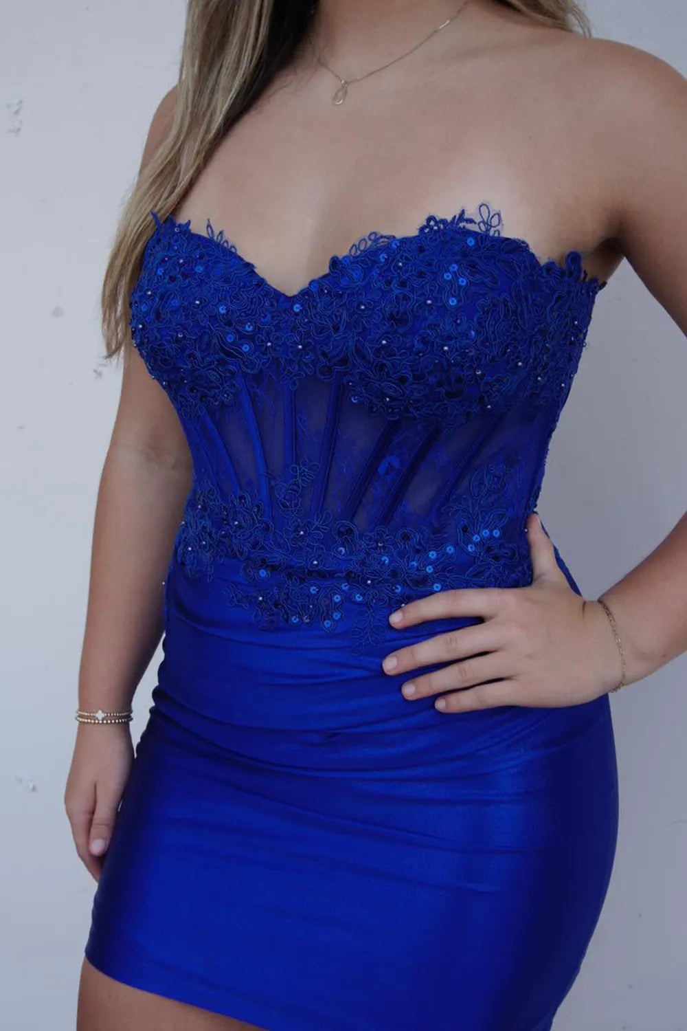 Strapless Lace & Satin Homecoming Dress | Corset Bodice with Floral Appliqué Mini Party Gown