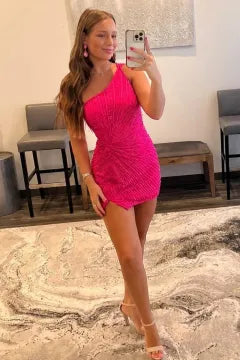 One Shoulder Sunburst Sequin Homecoming Dress | Multi Strap Open Back Bodycon Mini Dress