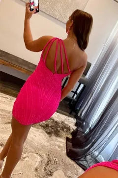 One Shoulder Sunburst Sequin Homecoming Dress | Multi Strap Open Back Bodycon Mini Dress