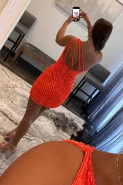 One Shoulder Sunburst Sequin Homecoming Dress | Multi Strap Open Back Bodycon Mini Dress