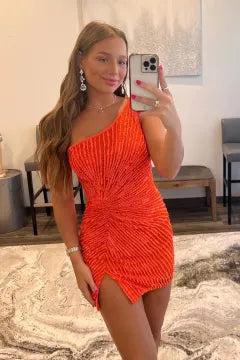 One Shoulder Sunburst Sequin Homecoming Dress | Multi Strap Open Back Bodycon Mini Dress