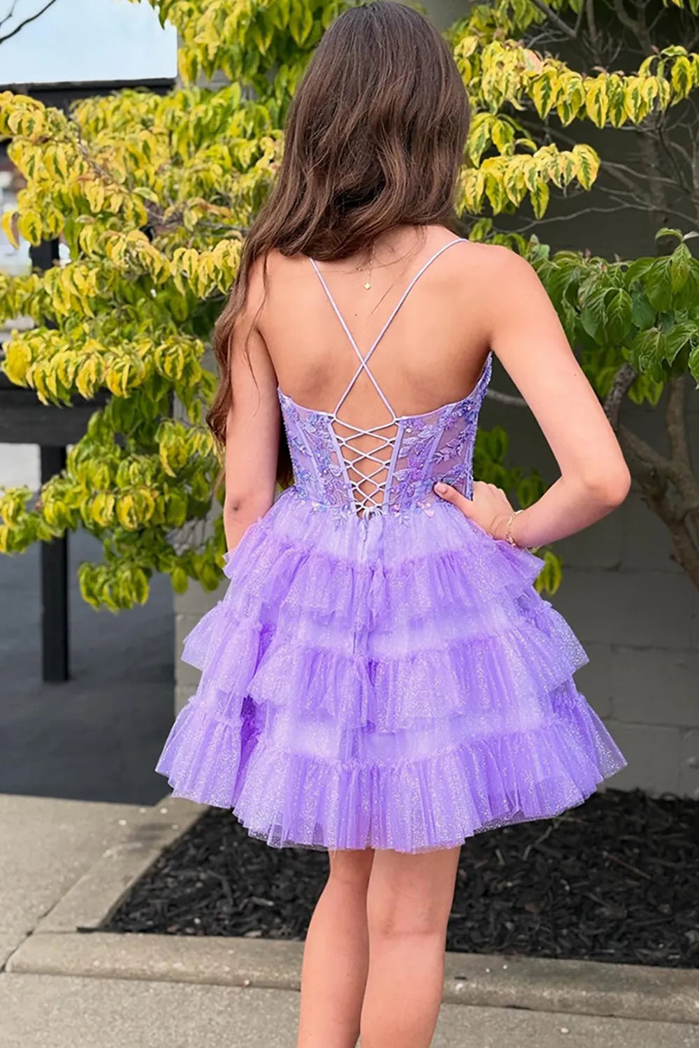 Spaghetti Strap Sequin Lace Homecoming Dress | Tiered Glitter Tulle Skirt with Corset Back Party Gown
