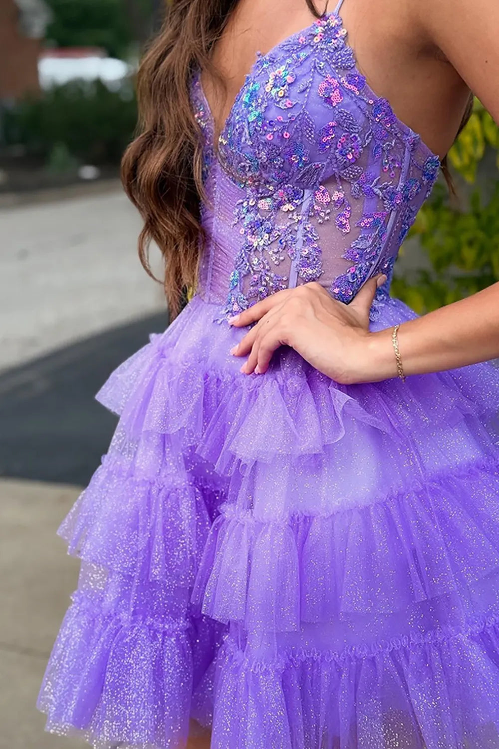 Spaghetti Strap Sequin Lace Homecoming Dress | Tiered Glitter Tulle Skirt with Corset Back Party Gown