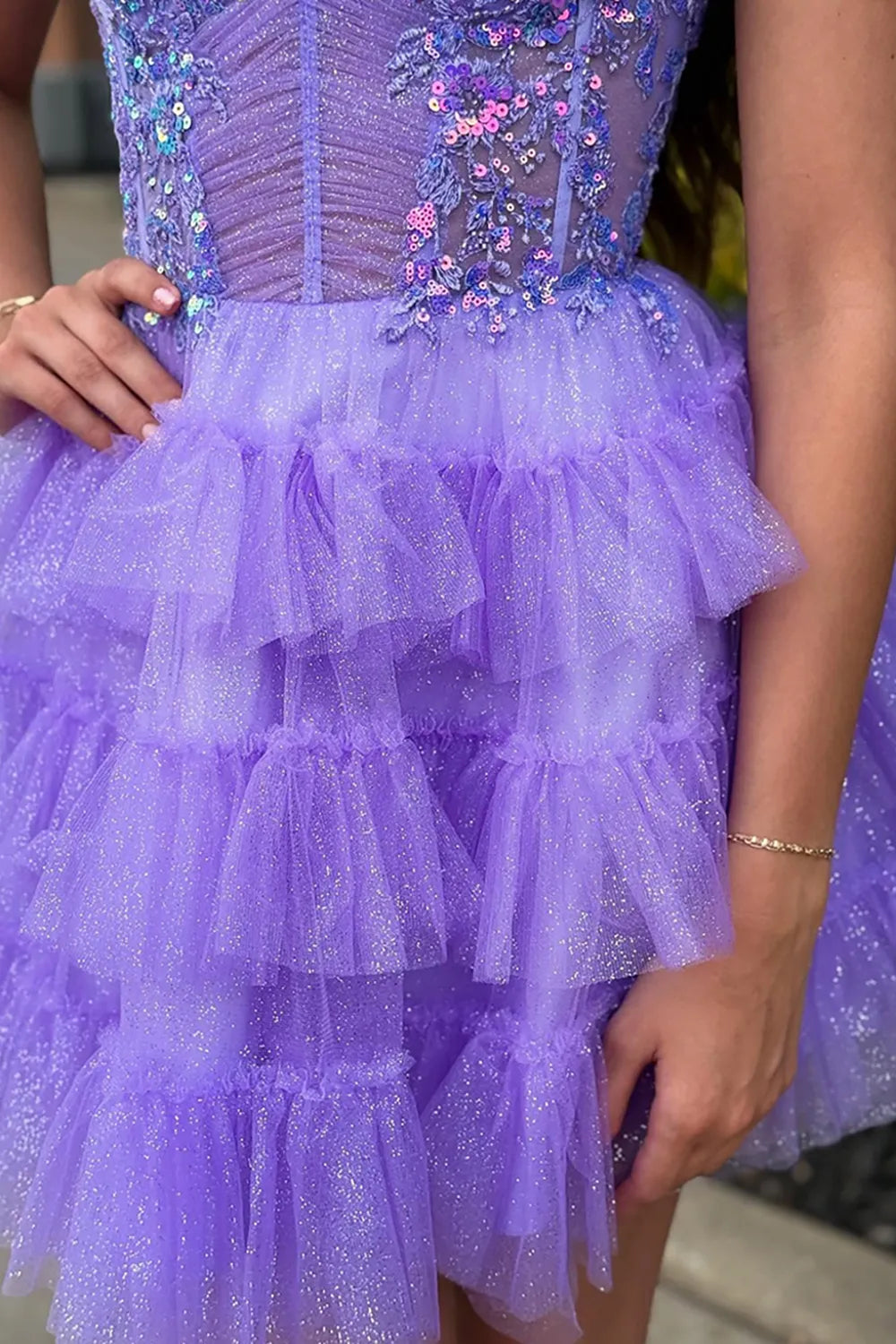 Spaghetti Strap Sequin Lace Homecoming Dress | Tiered Glitter Tulle Skirt with Corset Back Party Gown