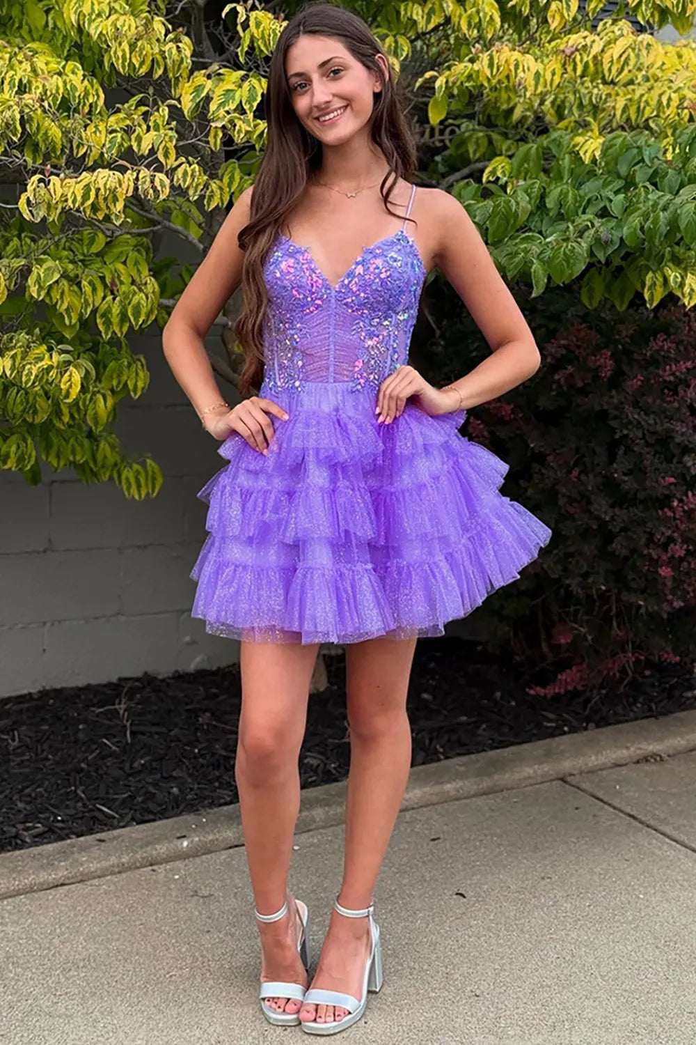 Spaghetti Strap Sequin Lace Homecoming Dress | Tiered Glitter Tulle Skirt with Corset Back Party Gown