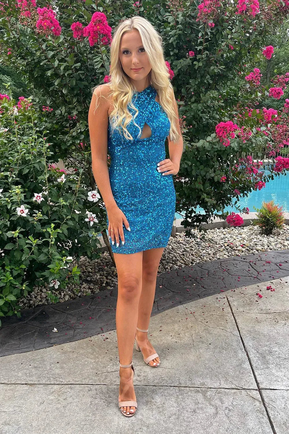 Halter Keyhole Sequin Homecoming Dress | Cutout Open Back Bodycon Mini Dress
