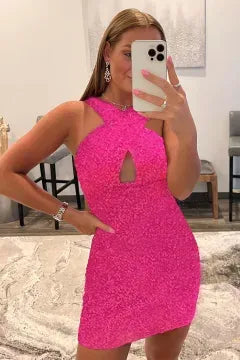 Halter Keyhole Sequin Homecoming Dress | Cutout Open Back Bodycon Mini Dress