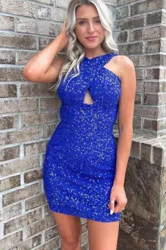 Halter Keyhole Sequin Homecoming Dress | Cutout Open Back Bodycon Mini Dress