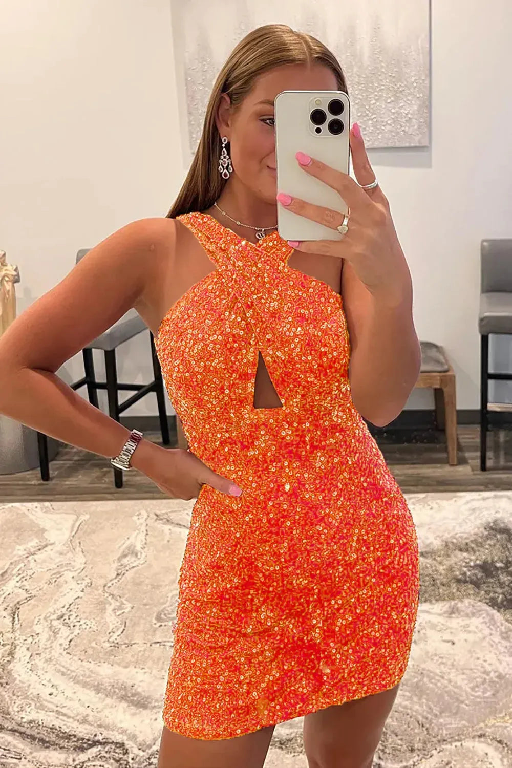 Halter Keyhole Sequin Homecoming Dress | Cutout Open Back Bodycon Mini Dress