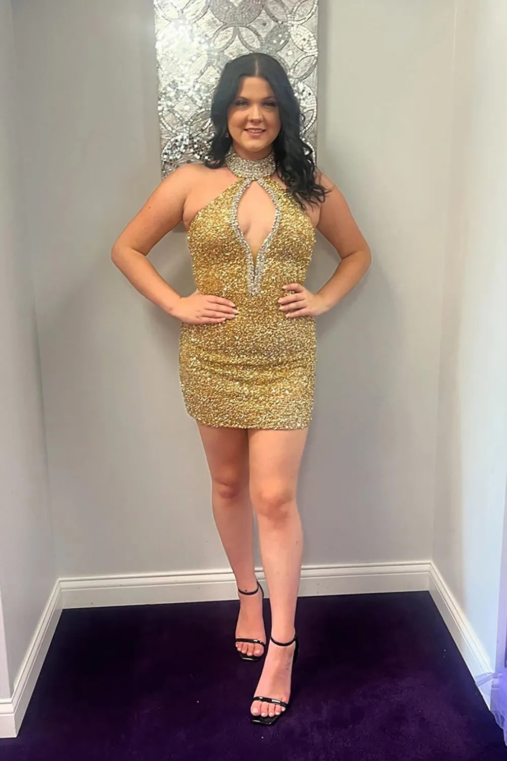 Halter Sequin Homecoming Dress | Rhinestone Keyhole Bodycon Mini Party Gown