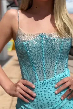 Rhinestone Ombre Corset Homecoming Dress | Ruched Bodycon Mini Party Gown